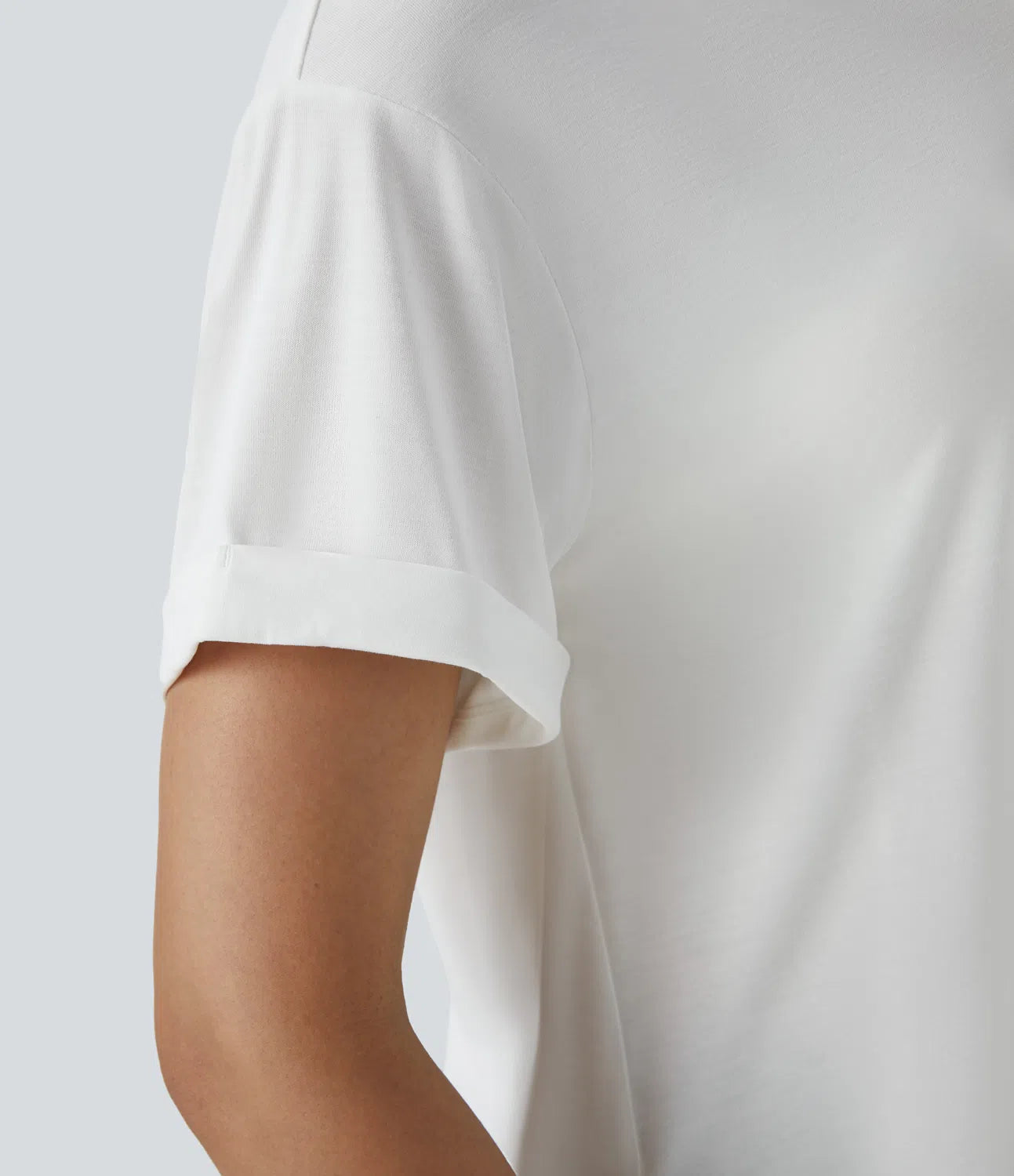 Round Neck Rolled Sleeve Split Curved Hem Yoga Sports Top - PURE-YOGA