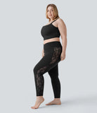 Softlyzero™ High Waisted Crossover Contrast Lace Back Pocket Yoga 7/8 Plus Size Leggings-UPF50+ - PURE-YOGA