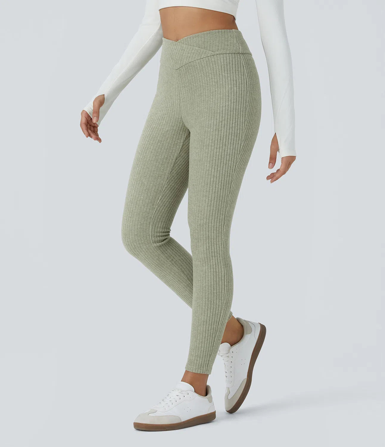 Ribbed Knit Crossover High Waisted 7/8 Casual Leggings - PURE-YOGA