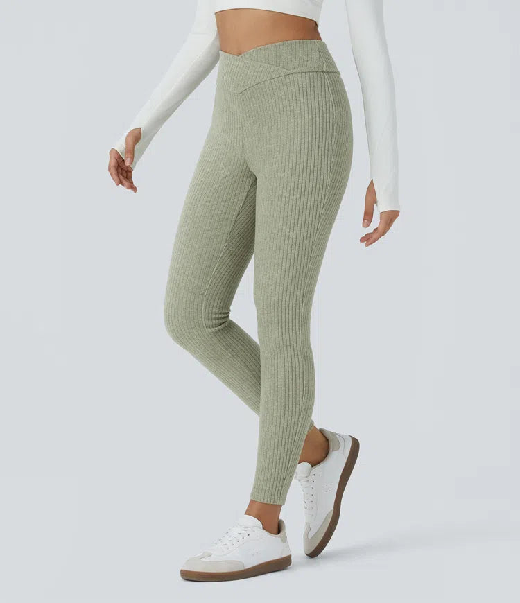 Ribbed Knit Crossover High Waisted 7/8 Casual Leggings - PURE-YOGA