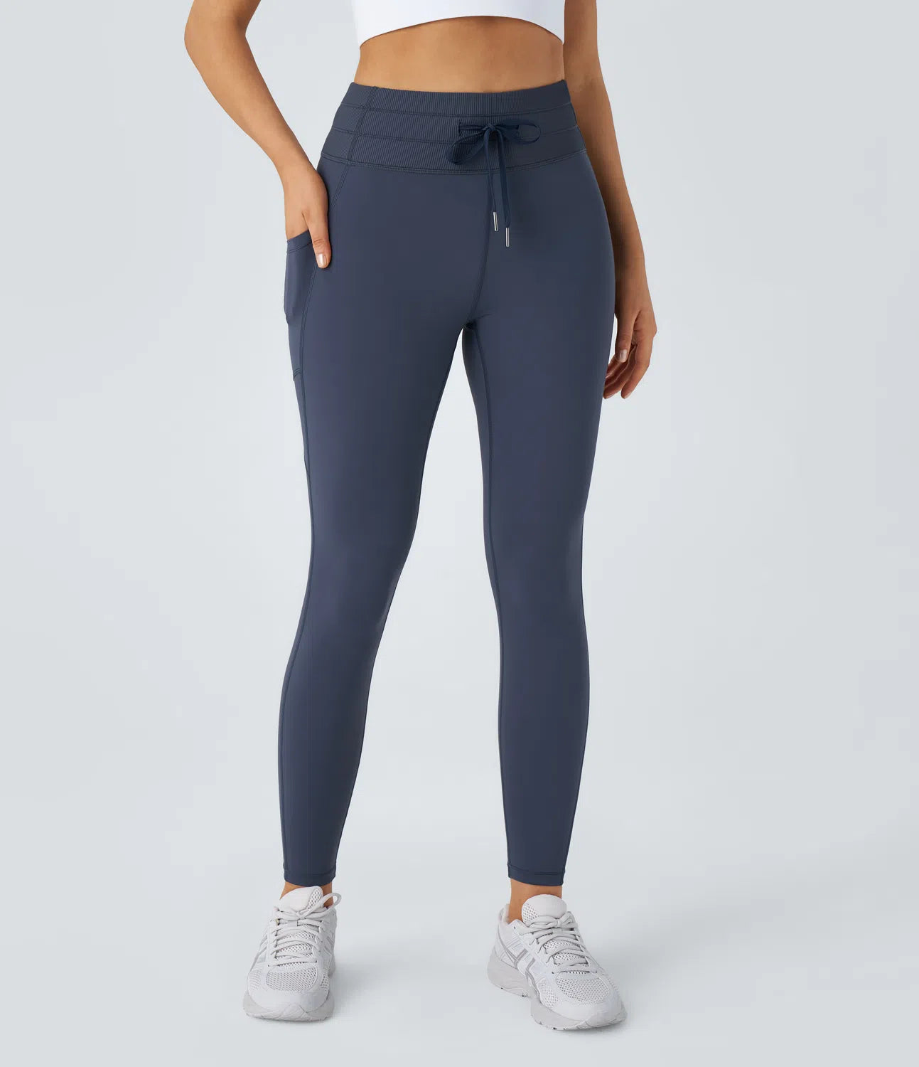 Pure-Yoga UltraSculpt™ Reflective Ribbed High Waisted Drawstring Side Pocket Running 7/8 Leggings - PURE-YOGA