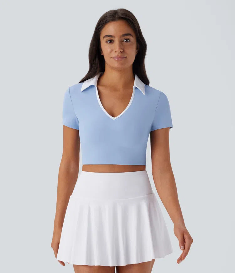 Softlyzero™ QuickDry Color Block Collared Cropped Tennis Sports Top - PURE-YOGA