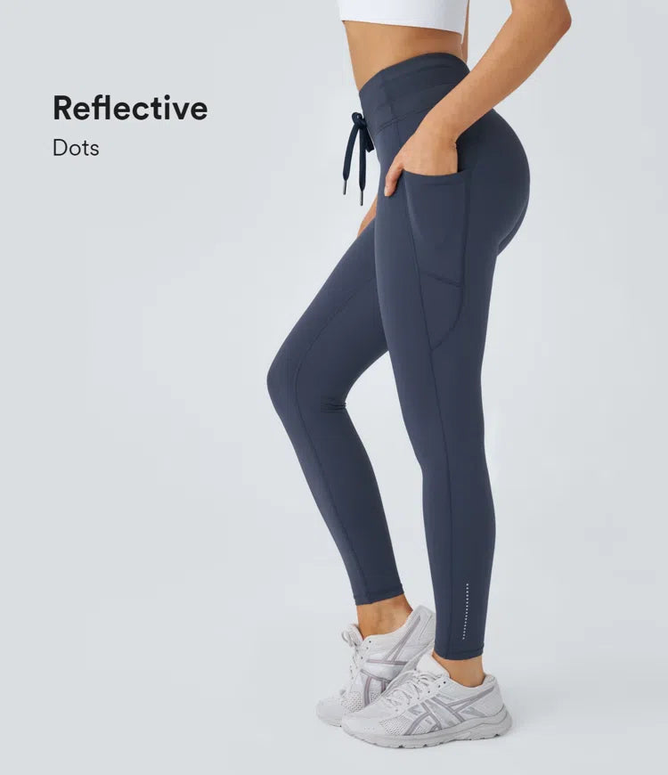Pure-Yoga UltraSculpt™ Reflective Ribbed High Waisted Drawstring Side Pocket Running 7/8 Leggings - PURE-YOGA