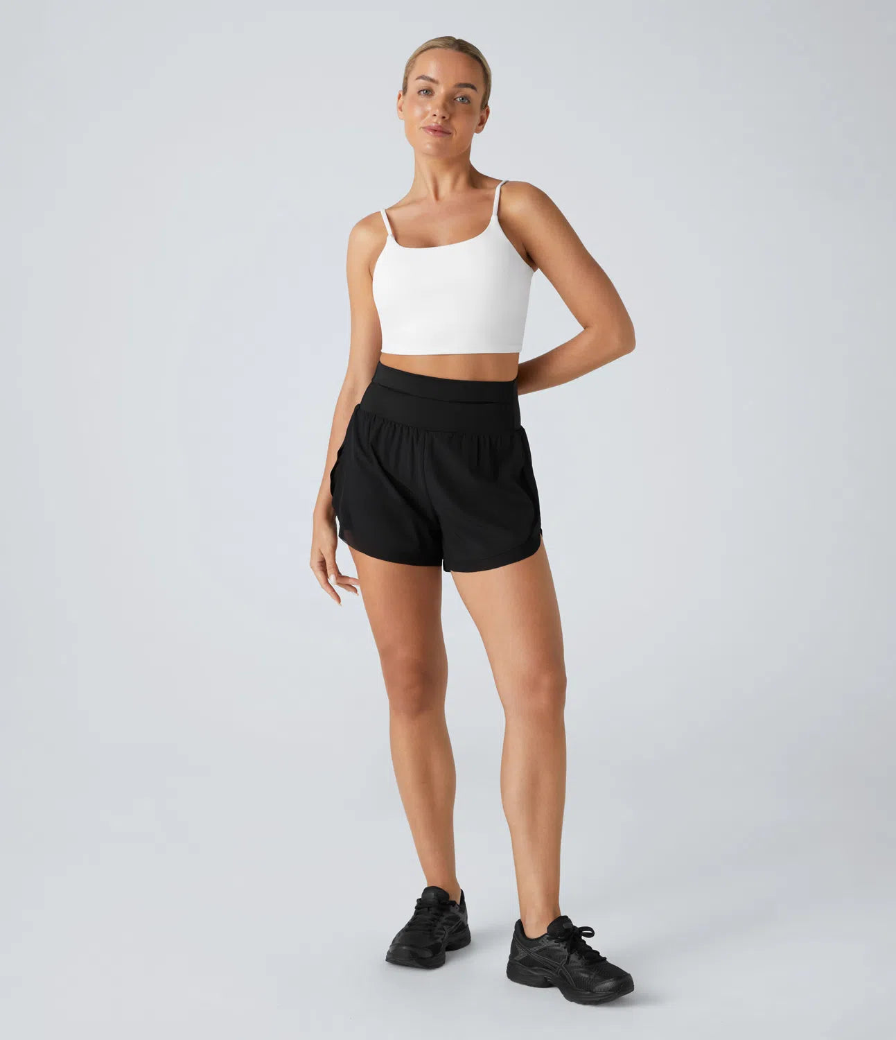 Breezeful™ High Waisted Pocket Contrast Mesh Curved Hem 2-in-1 Quick Dry Running Shorts - PURE-YOGA