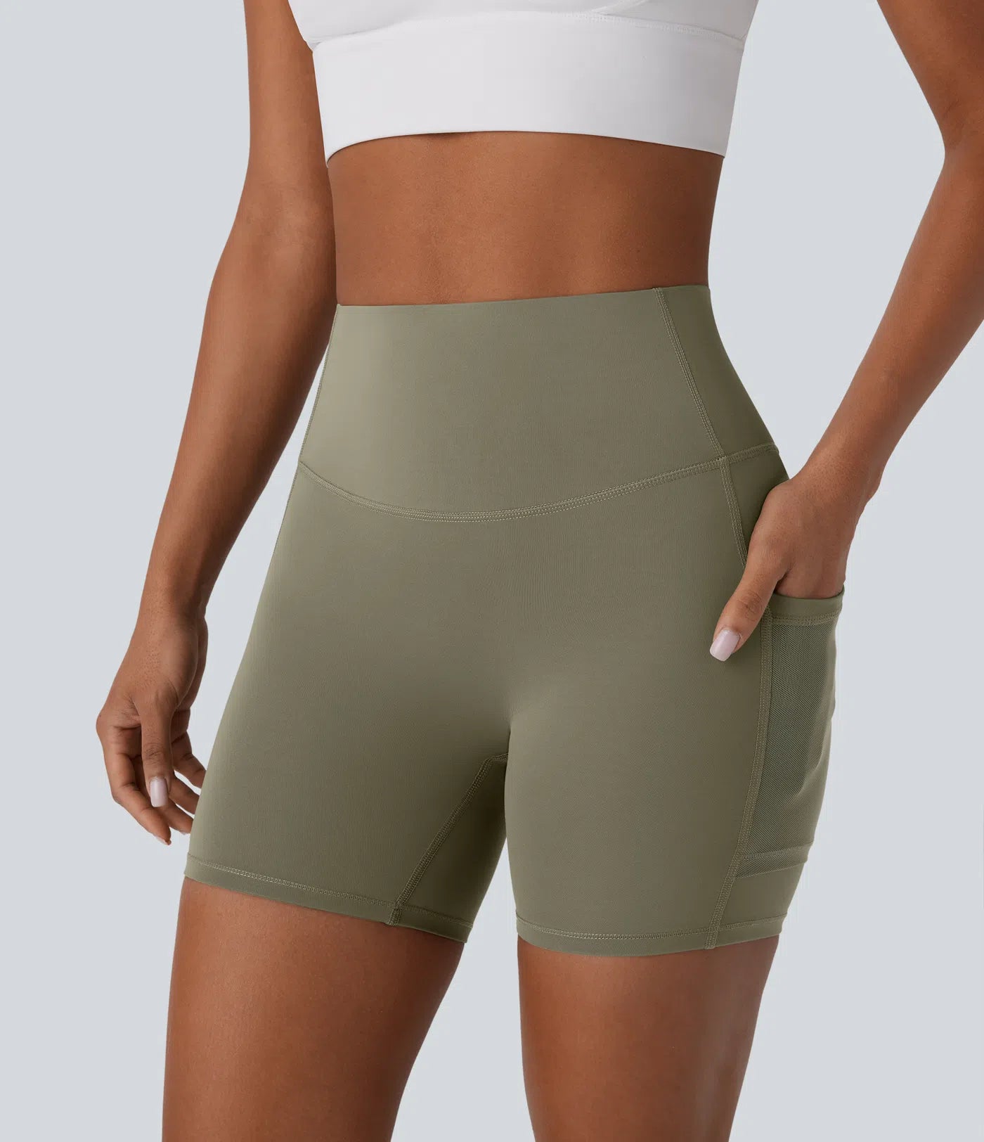 SpeedWave™ SoCinched High Waisted Tummy Control Butt Lifting Side Pocket Contrast Mesh Quick Dry Workout Biker Shorts 5'' - PURE-YOGA