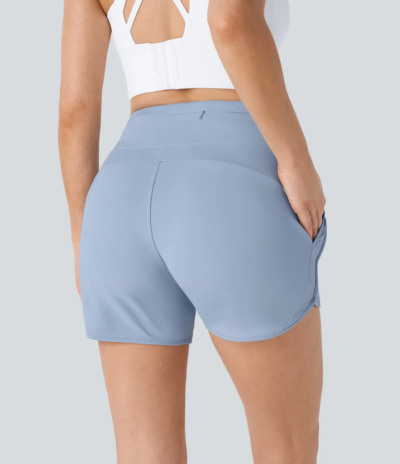 High Waisted Drawstring Multiple Pockets Curved Hem Yoga Shorts - PURE-YOGA