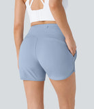High Waisted Drawstring Multiple Pockets Curved Hem Yoga Shorts - PURE-YOGA