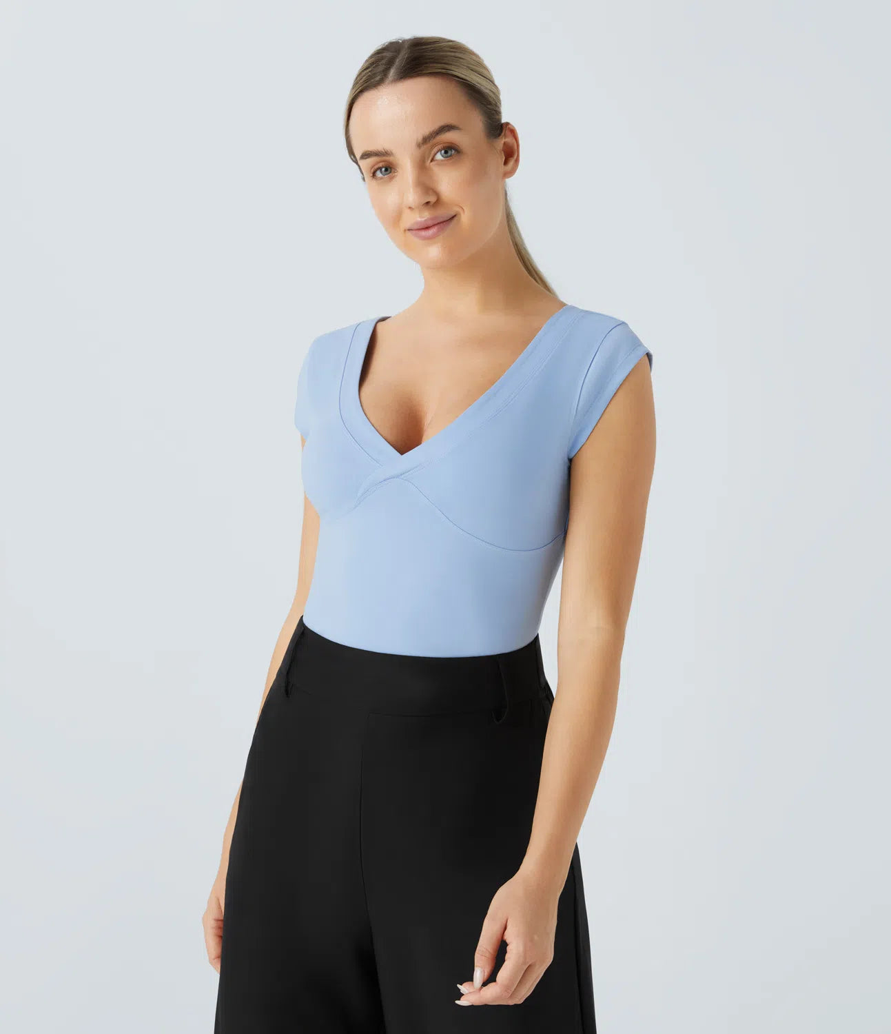 V Neck Cap Sleeve Slim Casual Sports Top - PURE-YOGA