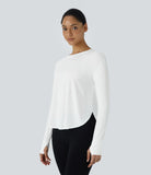 Round Neck Thumb Hole Curved Hem Yoga Sports Top - PURE-YOGA