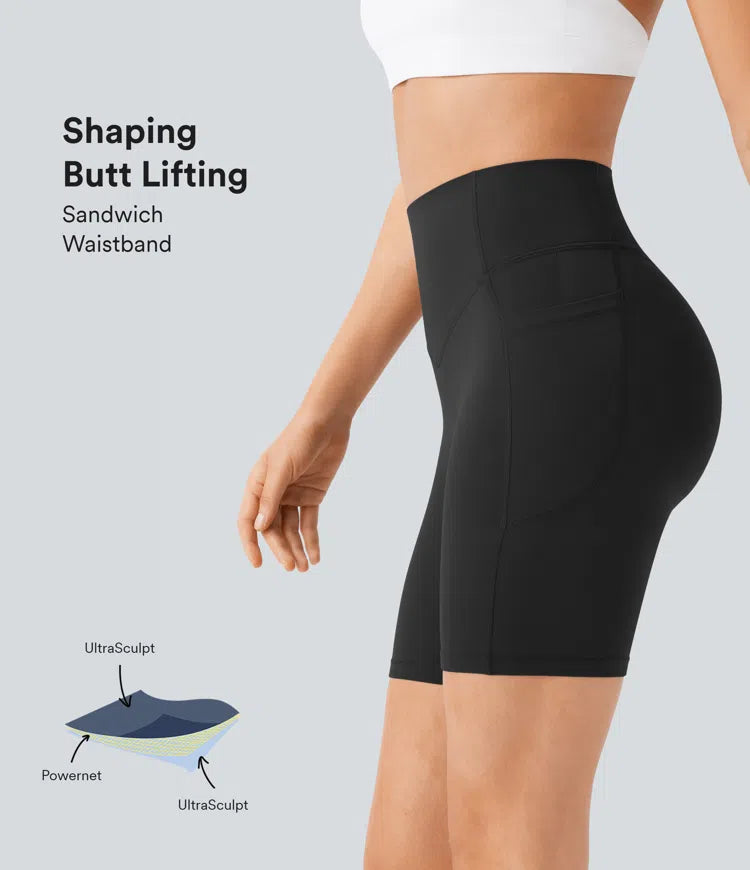 SoCinched High Waisted Scrunch Butt Lifting Tummy Control Side Pocket Shaping Workout UltraSculpt Biker Shorts 7'' - PURE-YOGA
