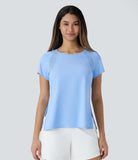 Boat Neck Short Sleeve Cut Out Split Cool Touch Workout Sports Top - PURE-YOGA