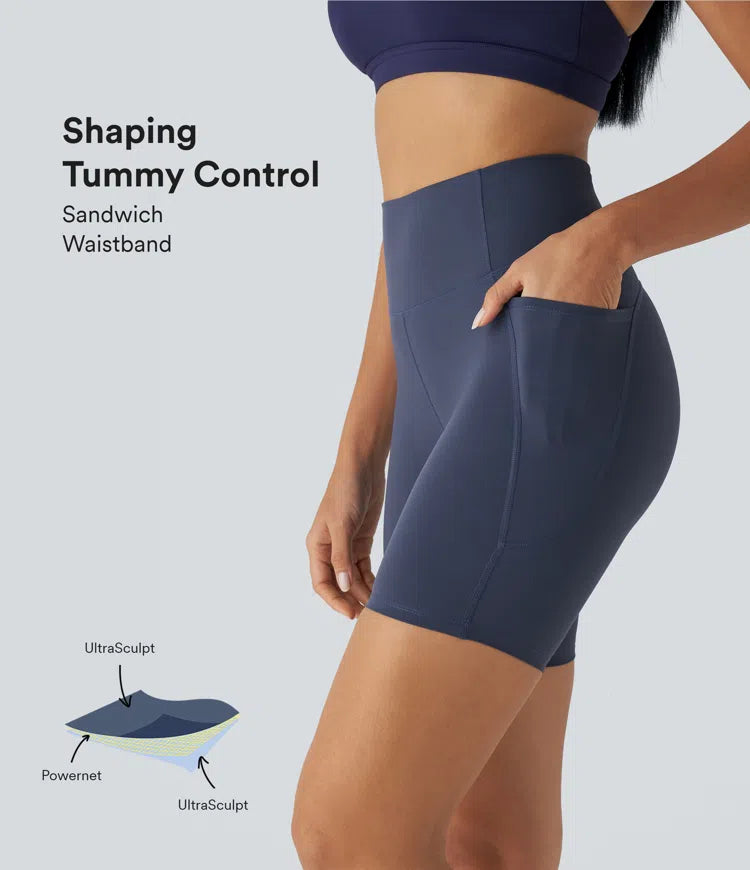 Pure-Yoga UltraSculpt™ SoCinched High Waisted Tummy Control Side Pocket Training Biker Shorts 7'' - PURE-YOGA