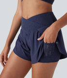 Breezeful™ High Waisted Crossover 2-in-1 Side Pocket Contrast Lace Quick Dry Yoga Shorts 3'' - PURE-YOGA