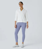 Polo V Neck Long Sleeve High Low Split Hem Yoga Sports Top - PURE-YOGA