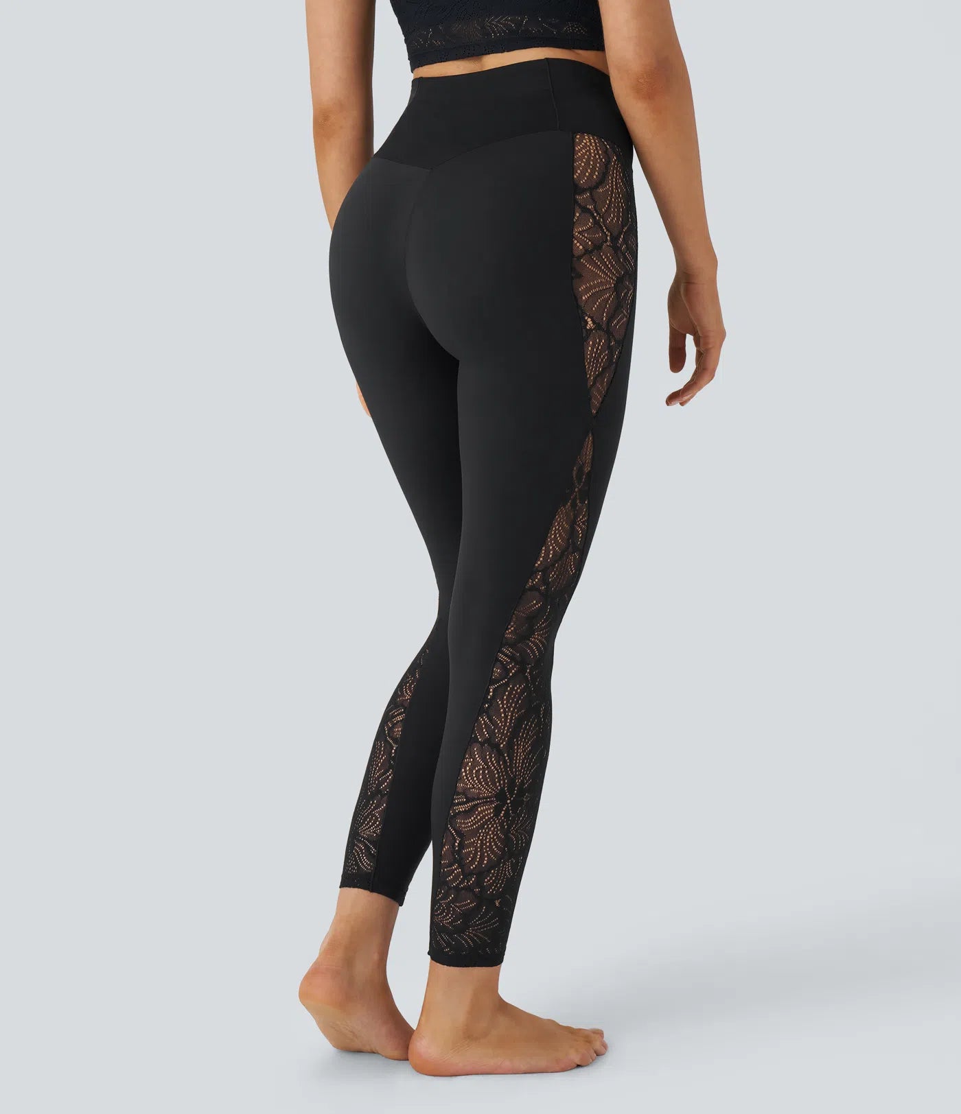 Softlyzero™ High Waisted Crossover Contrast Lace Back Pocket Yoga 7/8 Leggings-UPF50+ - PURE-YOGA