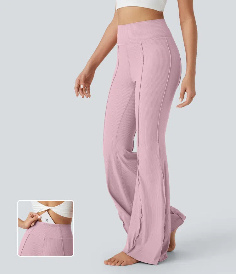 Ribbed High Waisted Lettuce Trim Back Pocket Flare Dance Leggings - PURE-YOGA