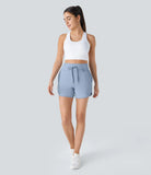 High Waisted Drawstring Multiple Pockets Curved Hem Yoga Shorts - PURE-YOGA