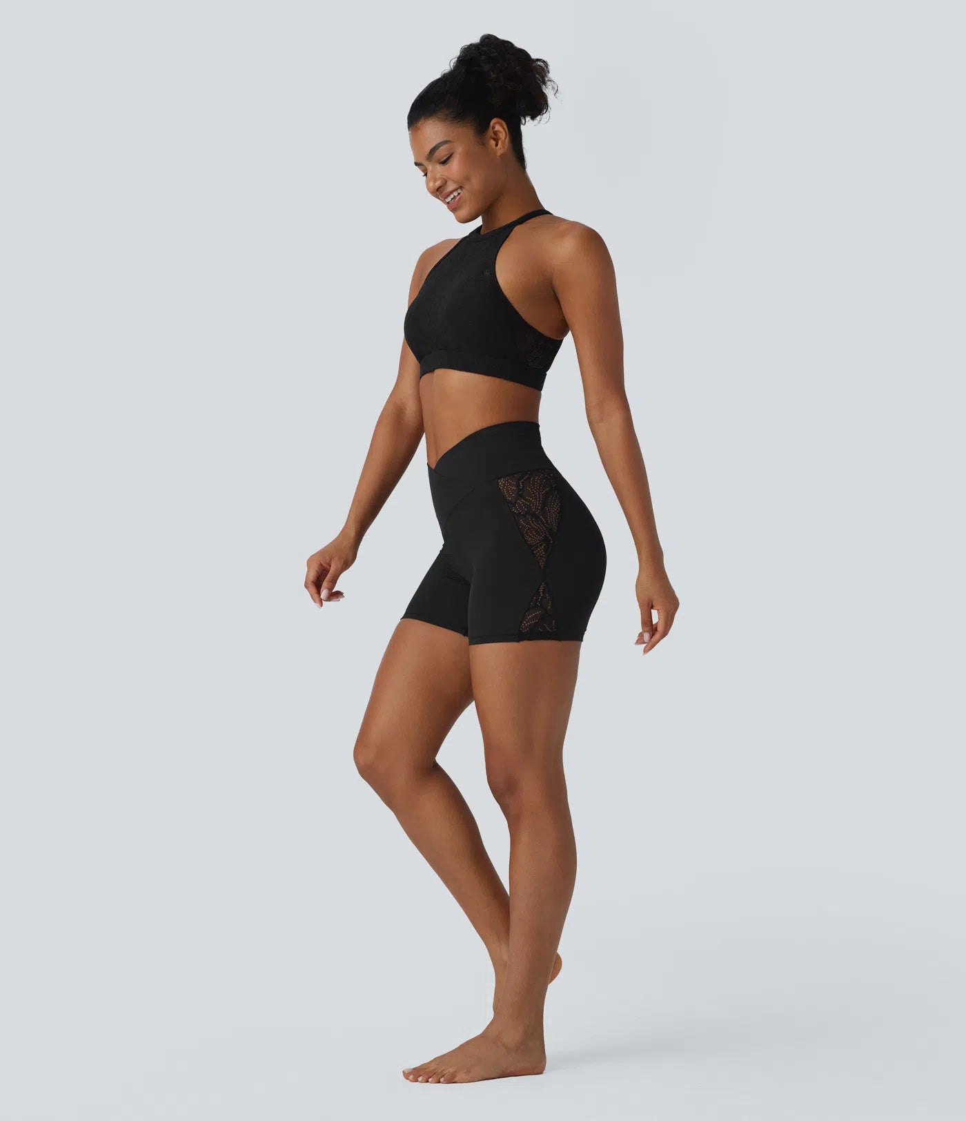 Softlyzero™ High Waisted Crossover Contrast Lace Back Pocket Yoga Biker Shorts 5''-UPF50+ - PURE-YOGA