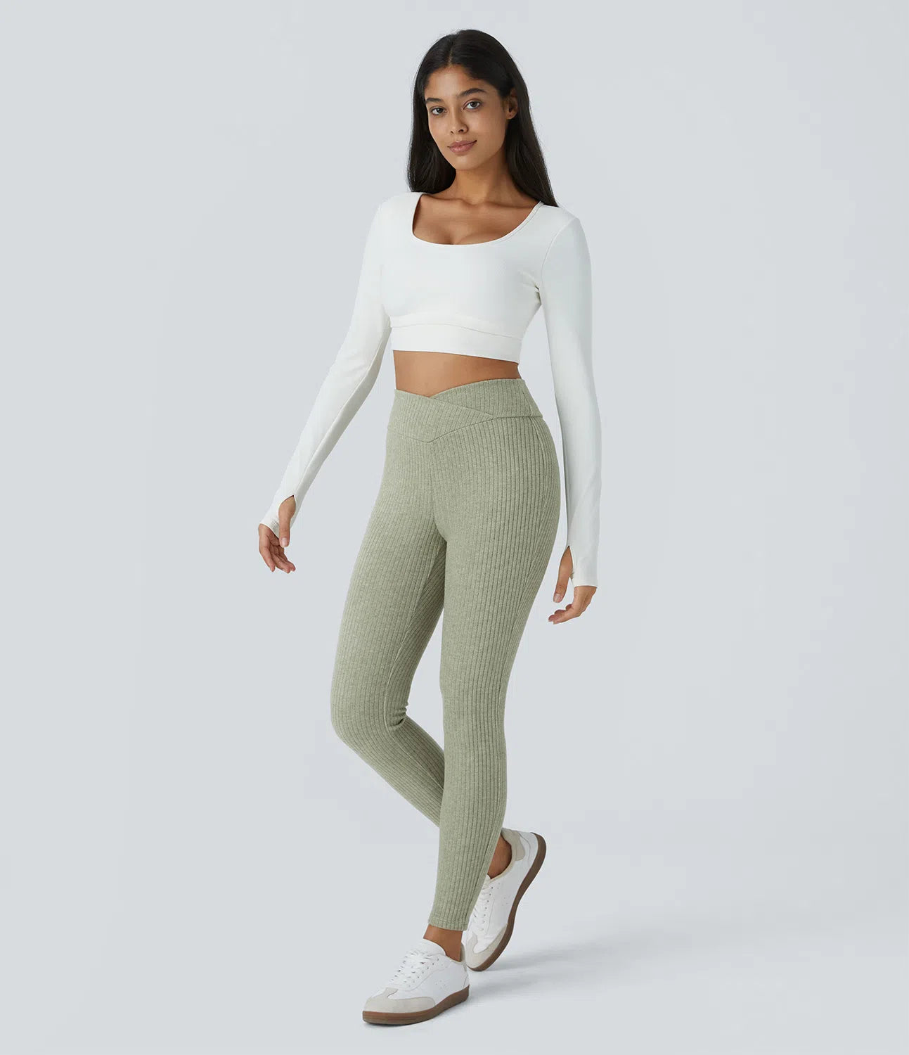Ribbed Knit Crossover High Waisted 7/8 Casual Leggings - PURE-YOGA
