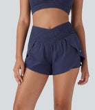 Breezeful™ High Waisted Crossover 2-in-1 Side Pocket Contrast Lace Quick Dry Yoga Shorts 3'' - PURE-YOGA