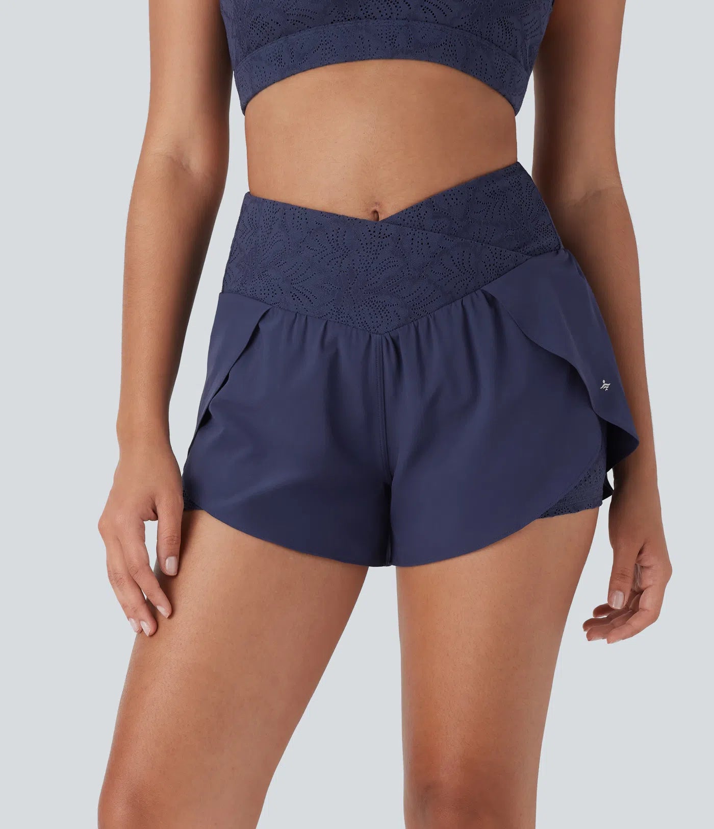 Breezeful™ High Waisted Crossover 2-in-1 Side Pocket Contrast Lace Quick Dry Yoga Shorts 3'' - PURE-YOGA