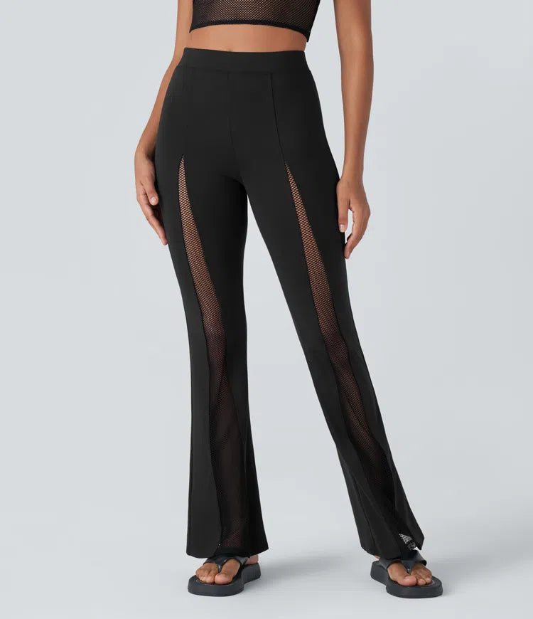 Softlyzero™ Plush High Waisted Contrast Mesh Casual Flare Leggings-UPF50+ - PURE-YOGA