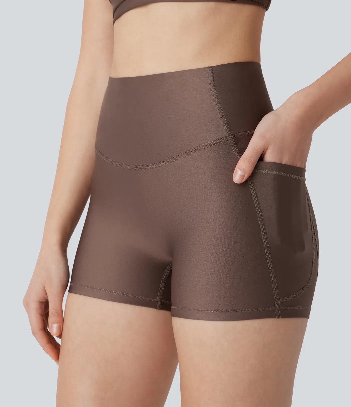 SoCinched High Waisted Tummy Control Side Pocket Sheen Running Biker Shorts 3'' - PURE-YOGA