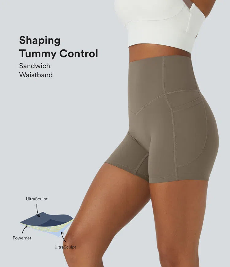 Pure-Yoga UltraSculpt™ SoCinched High Waisted Tummy Control Side Pocket Shaping Training Biker Shorts 5'' - PURE-YOGA