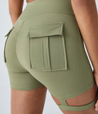 High Waisted Adjustable Buckle Back Pocket Ruched Yoga Cargo Biker Shorts 3'' - PURE-YOGA
