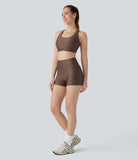 SoCinched High Waisted Tummy Control Side Pocket Sheen Running Biker Shorts 3'' - PURE-YOGA