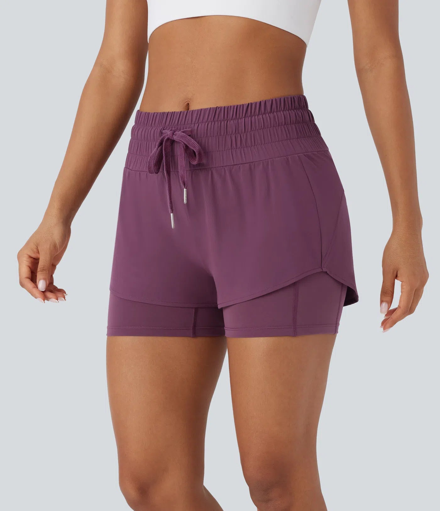 Breezeful™ Mid Rise Drawstring Multiple Pockets 2-in-1 Curved Hem Quick Dry Running Shorts - PURE-YOGA