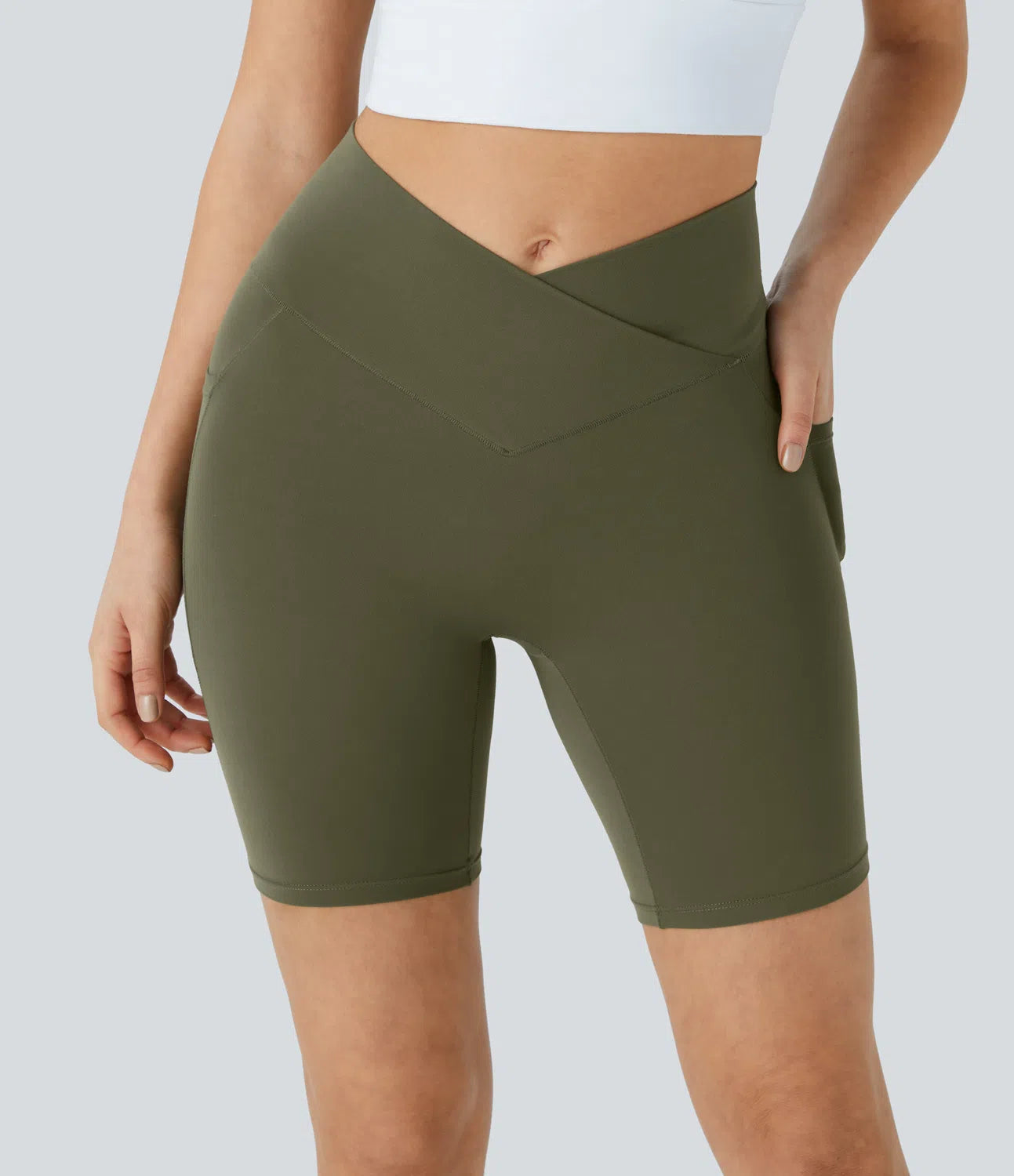 Softlyzero™ High Waisted Crossover Side Pocket Yoga Leak Protection Biker Shorts 7" - PURE-YOGA