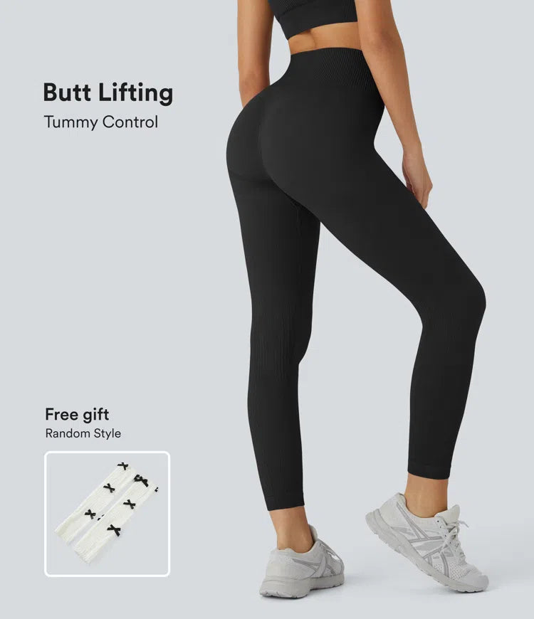 Skin Friendly Soft Seamless Flow Ribbed High Waisted Tummy Control Butt Lifting Training 7/8 Leggings - PURE-YOGA