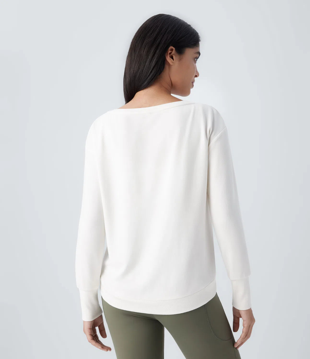 Boat Neck Long Sleeve Curved Hem Fleece Yoga Sports Top - PURE-YOGA