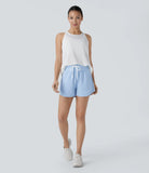 High Waisted Drawstring Side Pocket Cut Out Curved Hem Quick Dry Running Shorts 3'' - PURE-YOGA