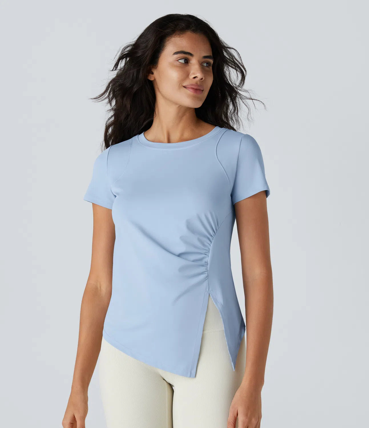 Ruched Asymmetric Split High Low Yoga Sports Top - PURE-YOGA