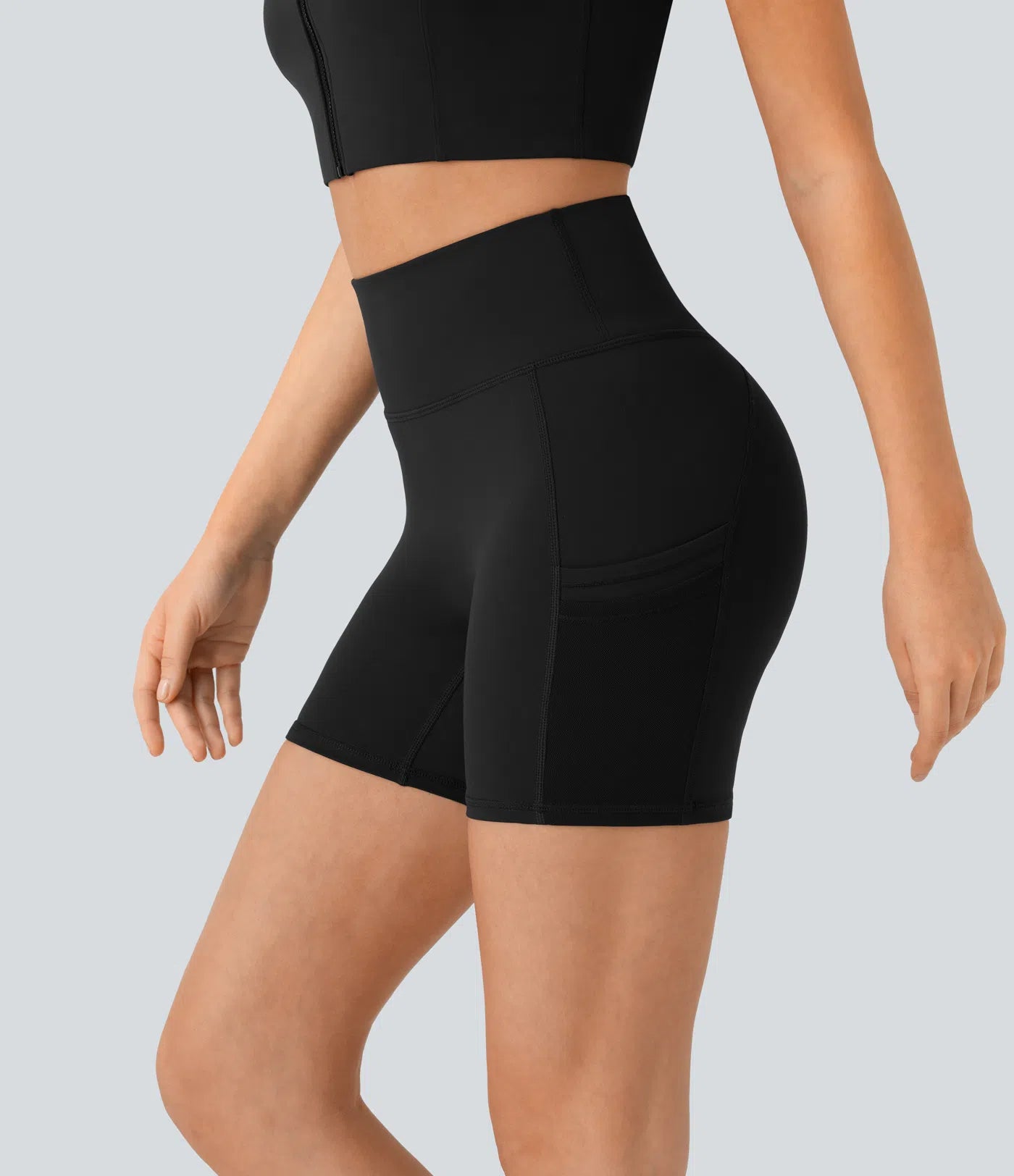 High Waisted Multiple Pockets Contrast Mesh Yoga Biker Shorts 5'' - PURE-YOGA