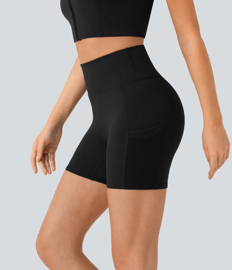 High Waisted Multiple Pockets Contrast Mesh Yoga Biker Shorts 5'' - PURE-YOGA
