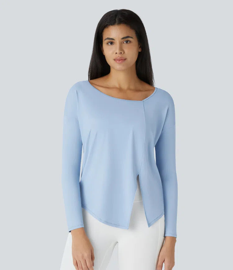 Asymmetric Neck Dropped Shoulder Split Workout Sports Top - PURE-YOGA