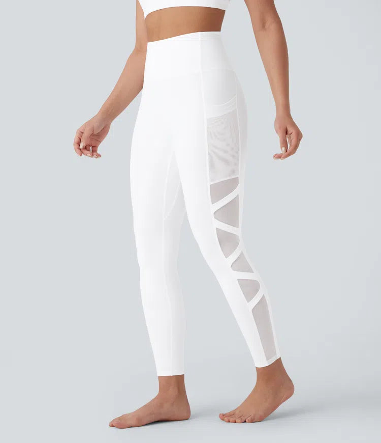 SpeedWave™ High Waisted Side Pocket Contrast Mesh Quick Dry 7/8 Yoga Leggings - PURE-YOGA