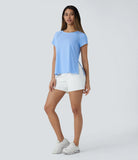 Boat Neck Short Sleeve Cut Out Split Cool Touch Workout Sports Top - PURE-YOGA