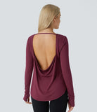 Backless Cowl Back Round Neck Thumb Hole Curved Hem Yoga Sports Top - PURE-YOGA