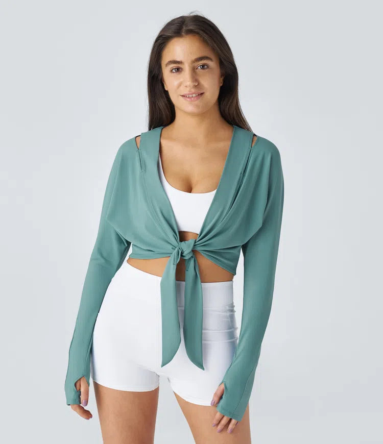 Softlyzero™ Airy Cut Out Thumb Hole Tie Front Cool Touch Yoga Sports Top-UPF50+ - PURE-YOGA