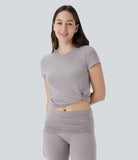 Round Neck Short Sleeve Twisted Cropped Yoga Sports Top - PURE-YOGA