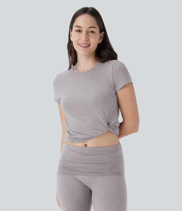 Round Neck Short Sleeve Twisted Cropped Yoga Sports Top - PURE-YOGA