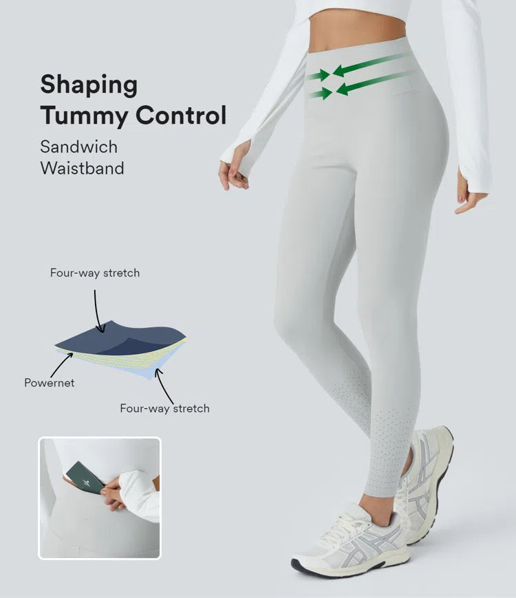 SoCinched High Waisted Tummy Control Back Pocket Hollow 7/8 Shaping Pilates Leggings - PURE-YOGA