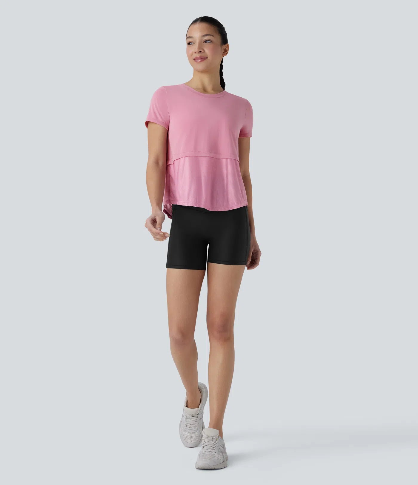 Round Neck Short Sleeve Patchwork Quick Dry Running Sports Top - PURE-YOGA
