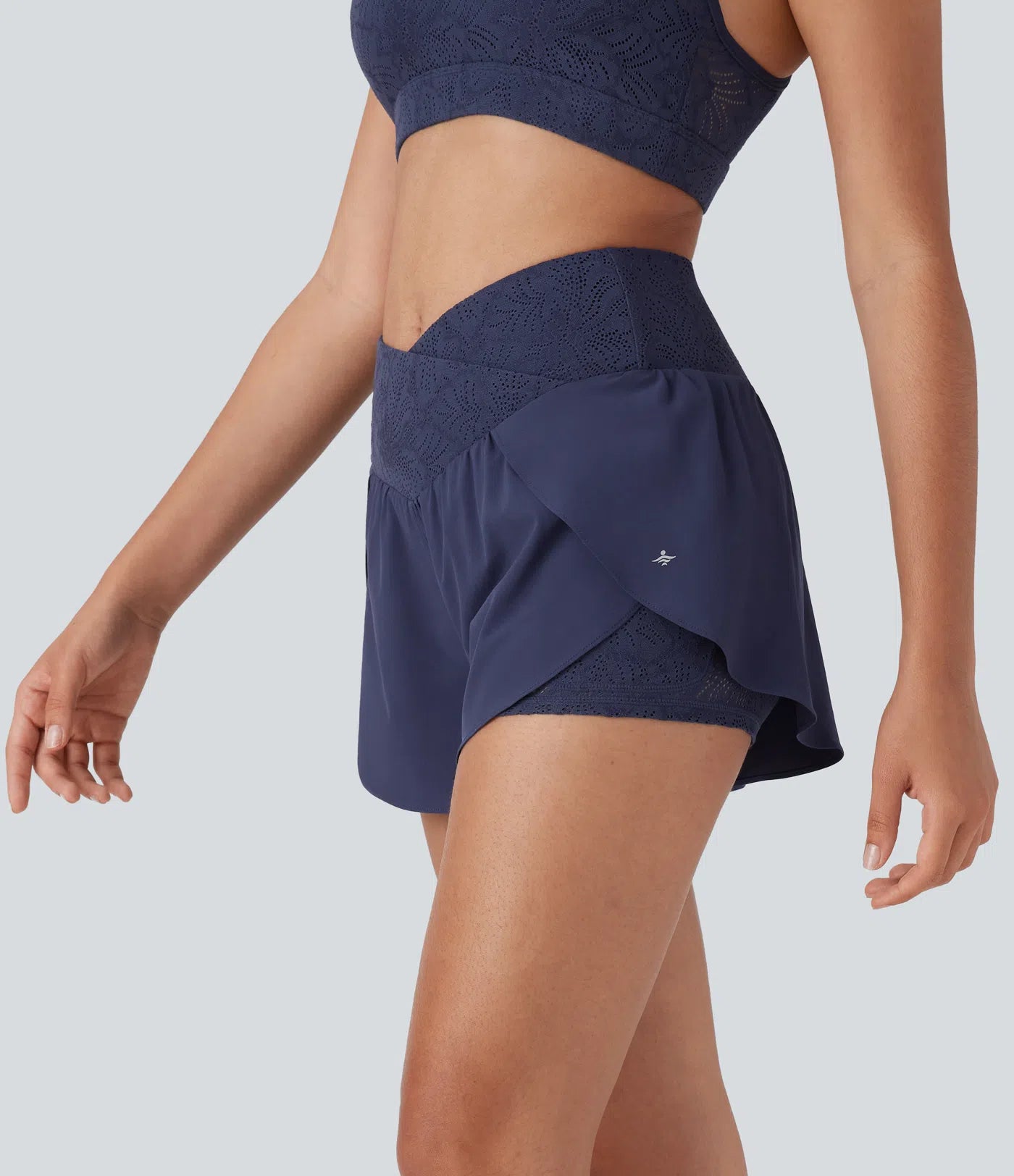 Breezeful™ High Waisted Crossover 2-in-1 Side Pocket Contrast Lace Quick Dry Yoga Shorts 3'' - PURE-YOGA