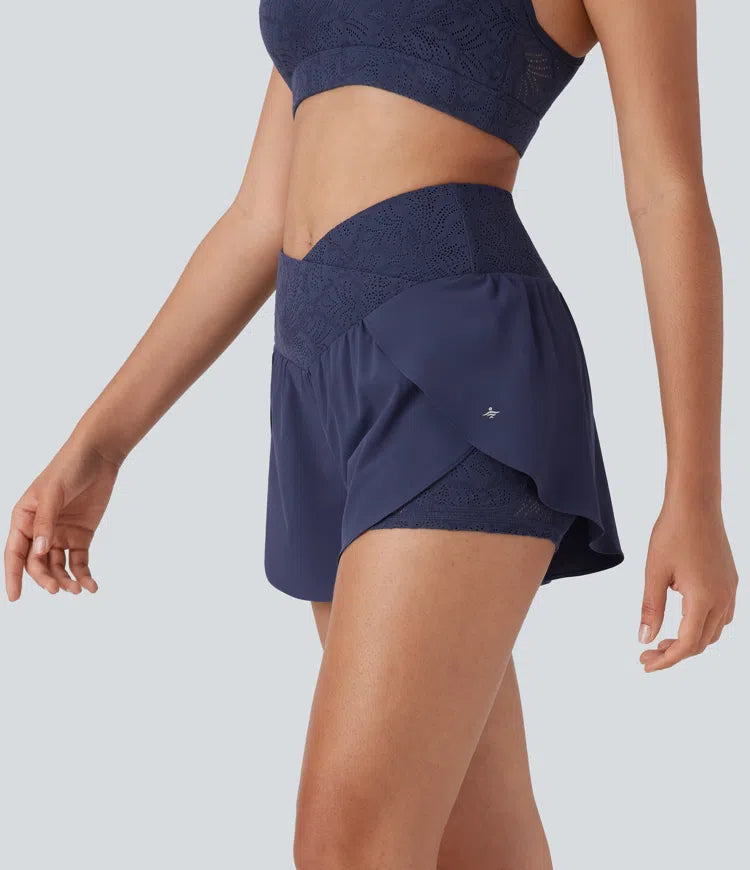 Breezeful™ High Waisted Crossover 2-in-1 Side Pocket Contrast Lace Quick Dry Yoga Shorts 3'' - PURE-YOGA