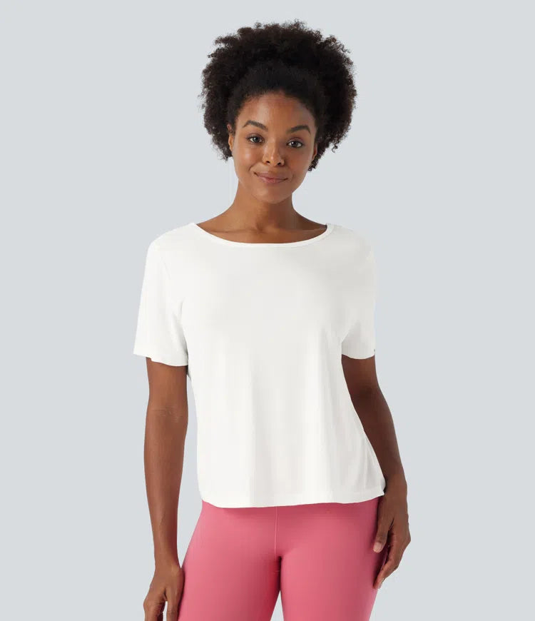 Cut Out Crisscross Twisted Back Short Sleeve Yoga Sports Top - PURE-YOGA